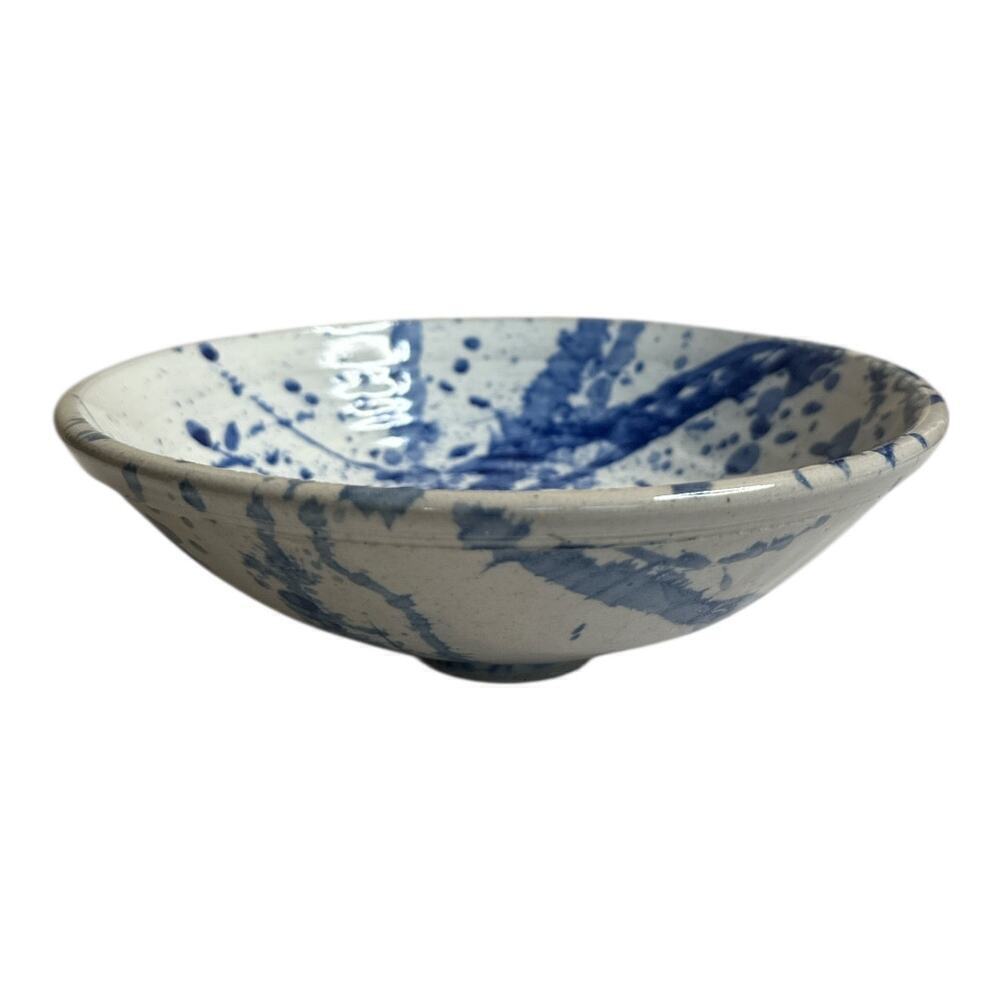 Vintage Blue Splatter Stoneware Pottery Bowl Artist Signed 7.5" W x 2.75" H